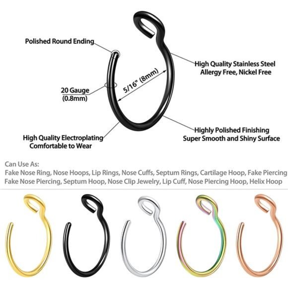 10 Pcs Nose Rings Hoops Fake Nose Ring Fake Lip Rings Fake Septum Piercing - Picture 3 of 7